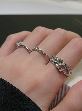 小众设计感不规则金属锆石开口戒指套装女简约个性百搭气质指环