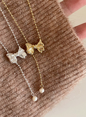 法式复古金属蝴蝶结项链女小众设计感个性简约百搭时尚颈链毛衣链