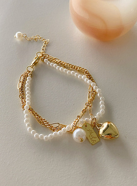 法式复古气质百搭时尚个性多层叠戴金属链条珍珠爱心手链女冷淡风