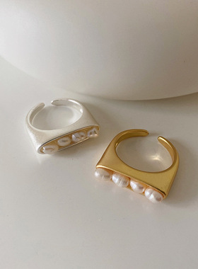 小众设计感淡水珍珠哑光金属开口戒指女韩国个性简约百搭气质指环