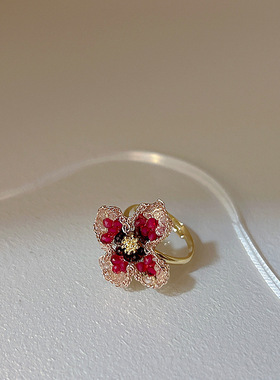 小众设计彩色水晶花朵开口戒指女韩国复古个性百搭气质时尚指环