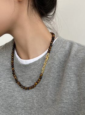 设计感虎眼石链条金属项链女复古优雅高级气质时尚百搭颈链毛衣链