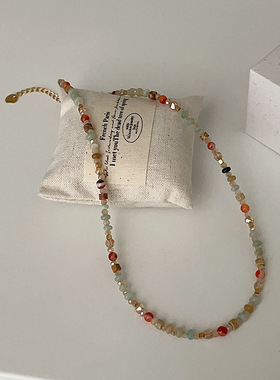 夏季多巴胺彩色天然石水晶串珠项链女小众设计感百搭颈链锁骨链