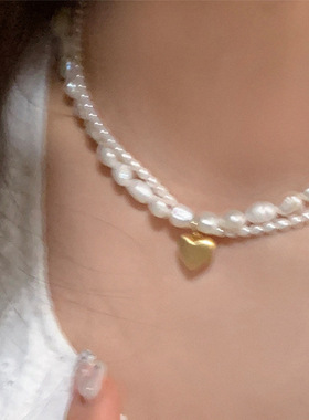 法式复古双层不规则珍珠爱心豆子项链女轻奢个性时尚颈链锁骨链