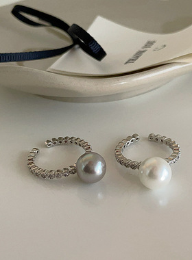 高级感锆石珍珠金属开口戒指女复古个性简约百搭气质时尚指环戒子