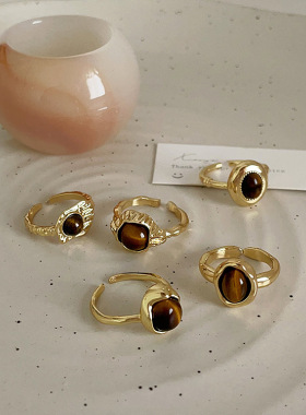 法式复古不规则金属虎眼石开口戒指女小众设计感个性气质百搭指环