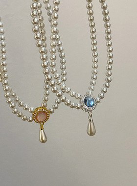 法式复古水滴吊坠双层珍珠项链女小众优雅气质百搭时尚颈链锁骨链