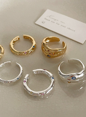 不规则彩钻金属开口戒指女设计感小众复古个性百搭气质指环戒子