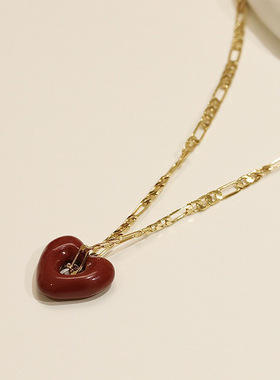 法式复古滴油红色爱心吊坠项链女韩国个性简约百搭气质颈链锁骨链