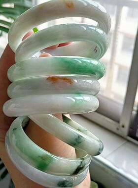 【一物一图】翡翠A货手镯细糯种水白底青阳绿飘花洒金玉石手镯贵