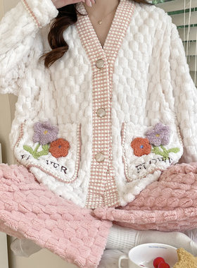 月子服秋冬季珊瑚绒加厚加绒套装