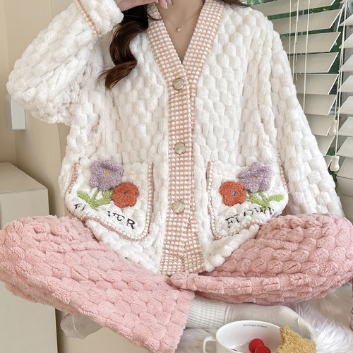 月子服秋冬季珊瑚绒加厚加绒套装