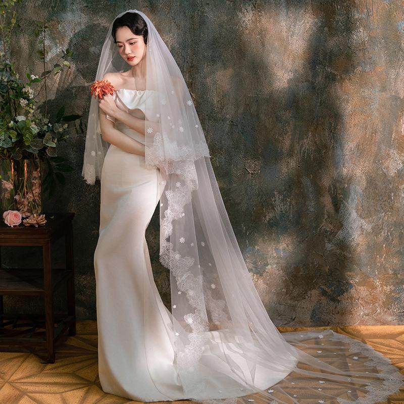 新娘婚纱头纱花朵蕾丝双层长款拖尾结婚礼造型写真婚纱照道具头纱