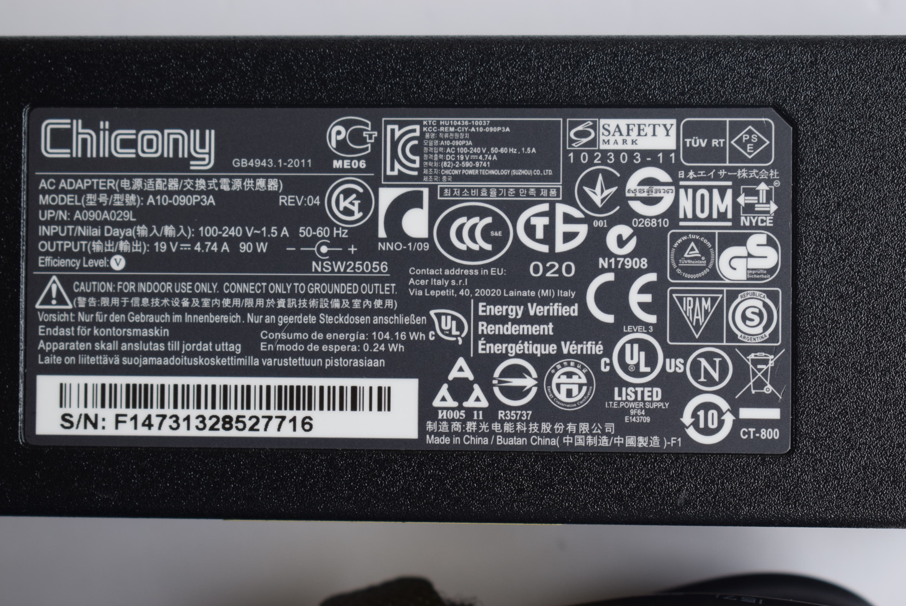 原装ACER宏基群光A10-090P3A笔记本电源适配器90W充电器19V4.74A