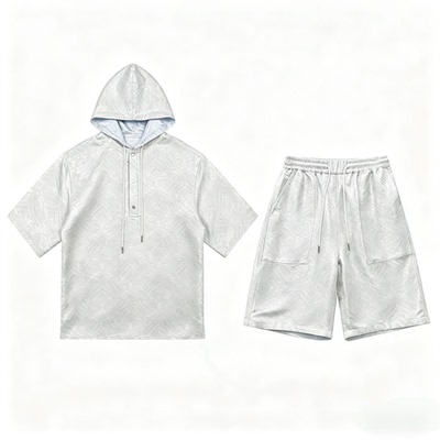 B2646+B2642-新款男士宋锦织锦双面穿休闲短袖短裤套装