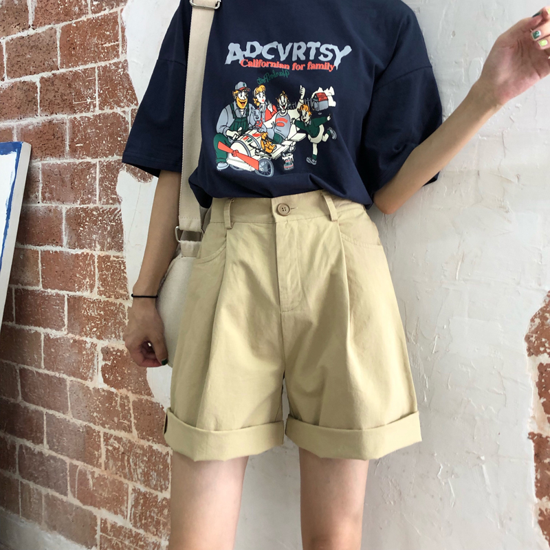 Short-style women's high waist rolled-edged straight-barrel casual five-minute pants with real-price retro tooling