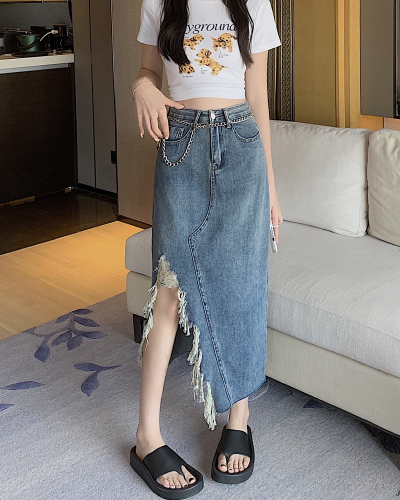 Actual shot of 2024 spring and summer new design niche hot girl tassel denim skirt Hong Kong style long skirt