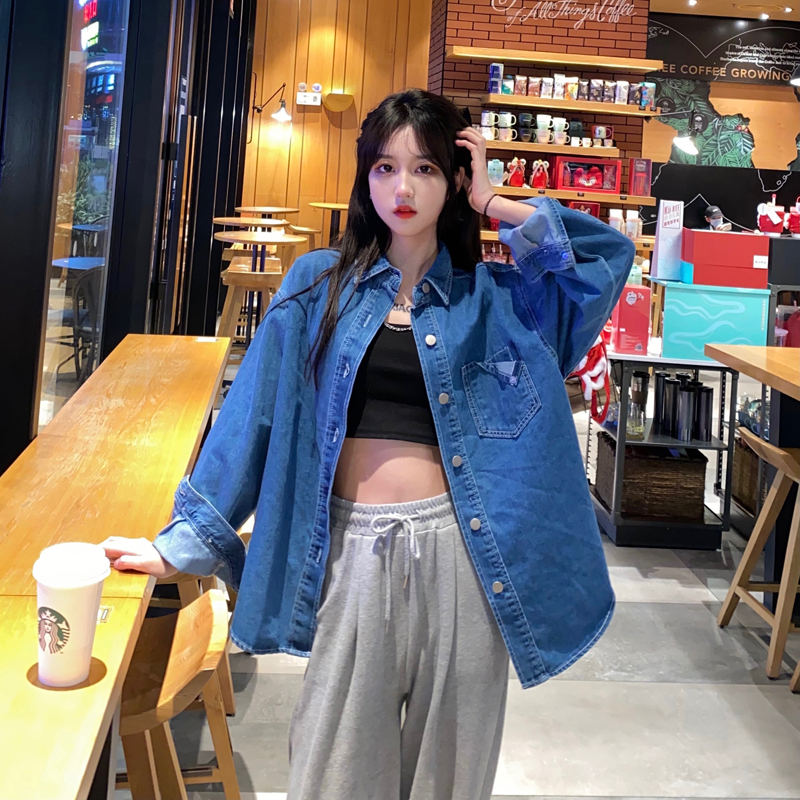Real price versatile denim shirt women's middle length retro Hong Kong Style loose front short back long short sleeve jacket