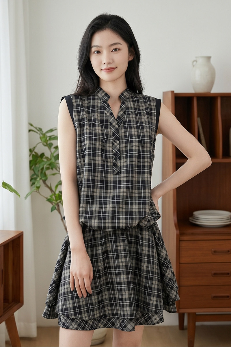 小众不撞款复古格纹花苞格子连衣裙女装2026夏拼接a字短裙子套装
