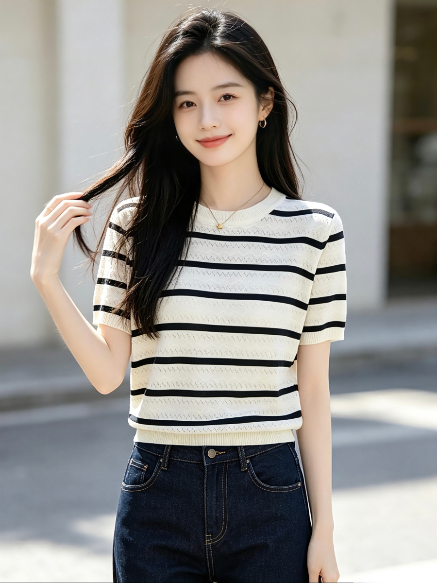黑白条纹冰丝针织短袖t恤女夏季新款时尚百搭薄款镂空上衣女士