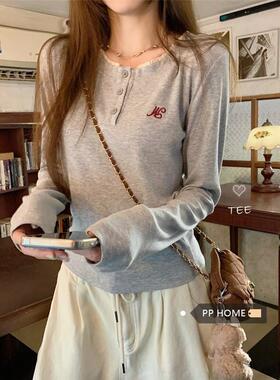 PPHOME甜美花边圆领长袖T恤女秋季灰色打底衫修身设计感内搭上衣