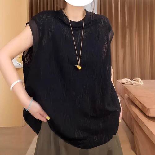 大码黑色高级感蕾丝镂空网纱上衣女夏季胖mm宽松巨显瘦无袖打底衫