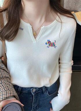 韩系V领长袖T恤女2025秋季新款修身气质内搭打底设计感小众针织衫