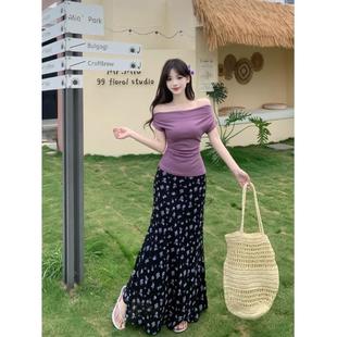 上衣胖MM显瘦高腰碎花半身裙子两件套 大码 休闲微胖套装 女夏季 短袖