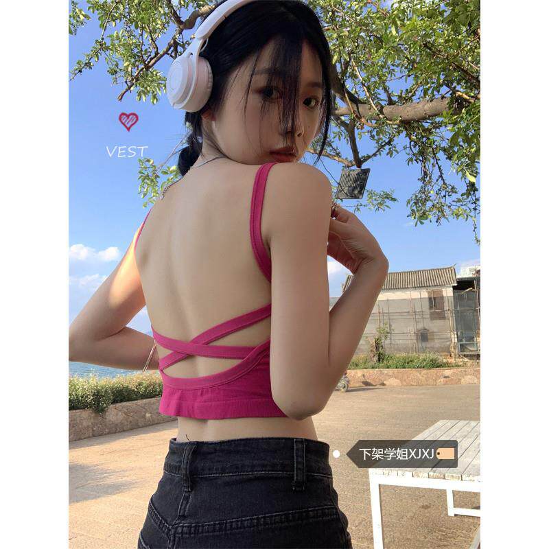 甜辣带胸垫吊带背心女外穿夏季露背修身短款玫红美背多巴胺上衣潮