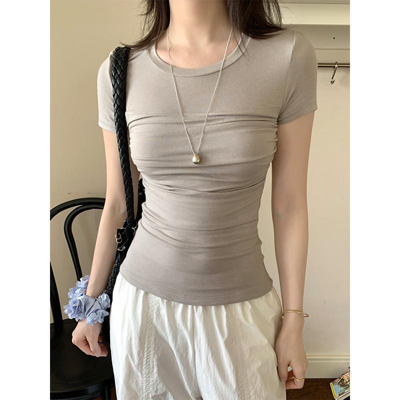 灰色正肩短袖T恤女夏季2025新款紧身显瘦辣妹短款圆领基础款上衣