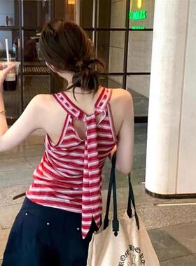 超火复古红色条纹挂颈吊带背心女夏辣妹性感修身独特无袖上衣外穿