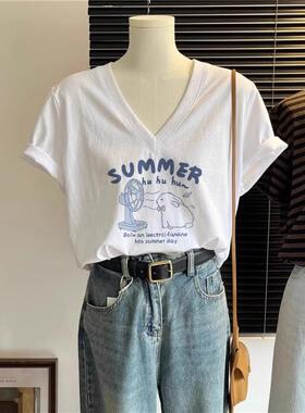 小雅家纯棉v领白色短袖t恤女夏季2025新款爆款鸡心领洋气减龄上衣