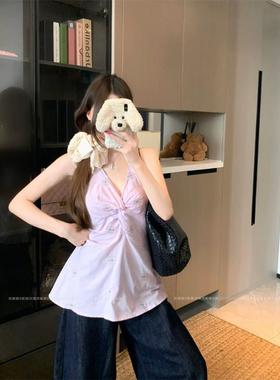 法式紫色刺绣v领挂脖吊带背心女夏季无袖收腰小衫设计感外穿上衣