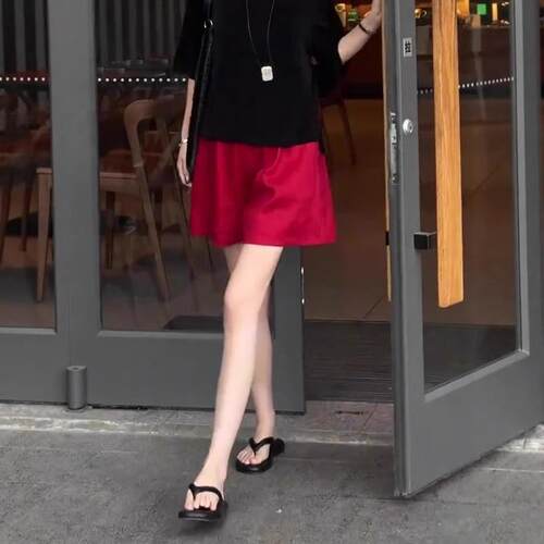 大码胖MM2025夏季红色休闲短裤显瘦高腰时尚百搭亚麻a字阔腿裤女