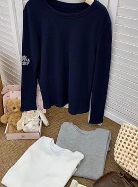 PPHOME自制~网球俱乐部 华夫格长袖上衣女早春灰色卫衣打底衫T恤