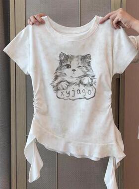 2025夏季爆款猫咪印花扎染短袖T恤小个子穿搭不规则正肩上衣女装