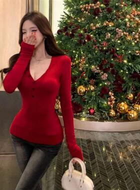 美式红色v领长袖T恤女春季显瘦收腰紧身内搭修身贴身打底衫上衣女