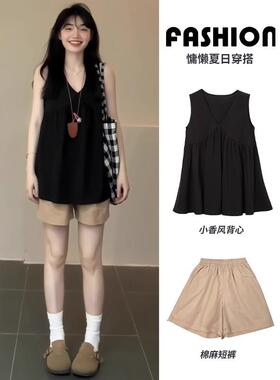 韩系V领黑色运动背心女夏季外穿宽松娃娃衫减龄ins小个子无袖上衣