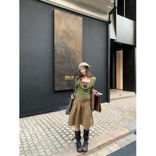 假两件t恤棕色高腰半身裙两件套ins 2025新款 美拉德复古套装 女秋季