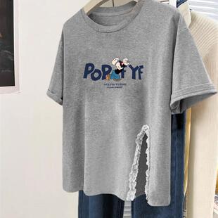 不规则下摆短袖体恤潮夏季花灰色宽松慵懒风棉开叉t恤上衣女款ins