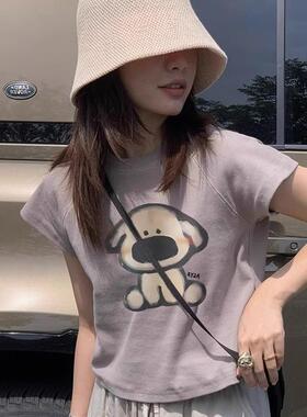 2025新款短袖T恤夏季紫色显白卡通印花正肩修身棉短款上衣服女生