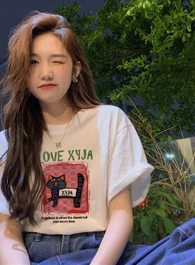 小众纯棉短袖t恤女2025新款夏季正肩ins白色港味古着宽松体恤上衣