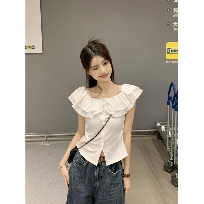 娃娃领甜美法式飞飞袖荷叶边衬衫女夏季新款设计感显瘦短款上衣女