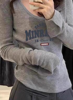 2025新款低领t恤上衣ins女生冬装高级感灰色辣妹修身长袖针织衫