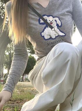 2025早秋超好看v领长袖t恤个性疏离感穿搭修身显瘦打底辣妹上衣女