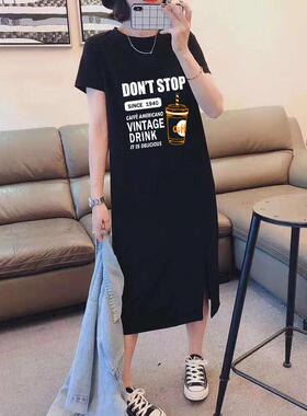 2025年夏季新款短袖t恤裙女设计感小众宽松百搭中长款连衣裙外穿