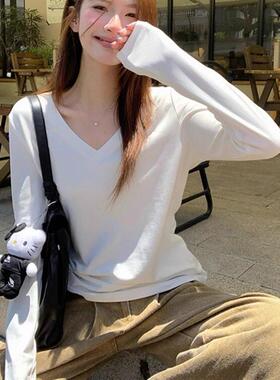 基础款白色长袖t恤女秋季2025新款韩版时尚V领打底衫内搭正肩上衣