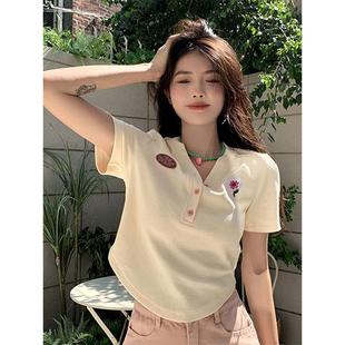 显瘦短款 新款 修身 露脐上衣胖MM刺绣正肩POLO衫 短袖 大码 T恤女夏季