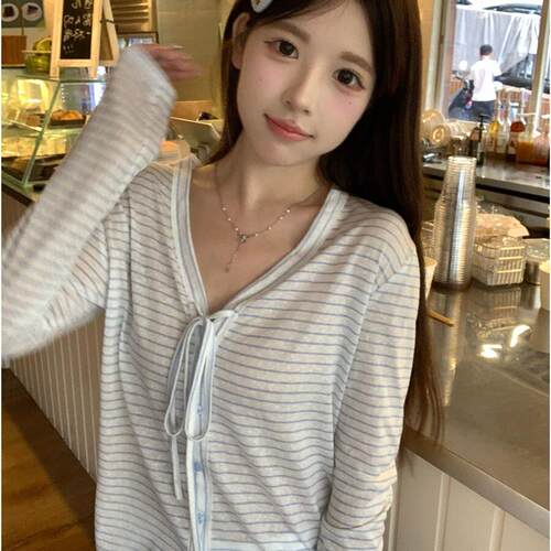 PPHOME撞色条纹绑带V领长袖T恤女秋季慵懒风宽松防晒罩衫韩系上衣