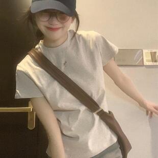 美式复古正肩白灰色短袖t恤女夏季2025新款小个子内搭打底衫上衣